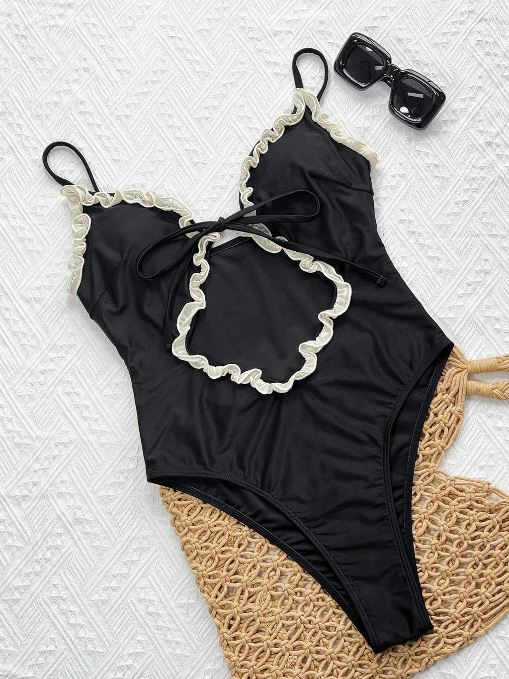 Sexy Black Patchwork One Piece Swimsuit 2026 Women Lace Trim Front Tie Hollow Out Bandage Cross Bathing Suit Holiday Swimwear