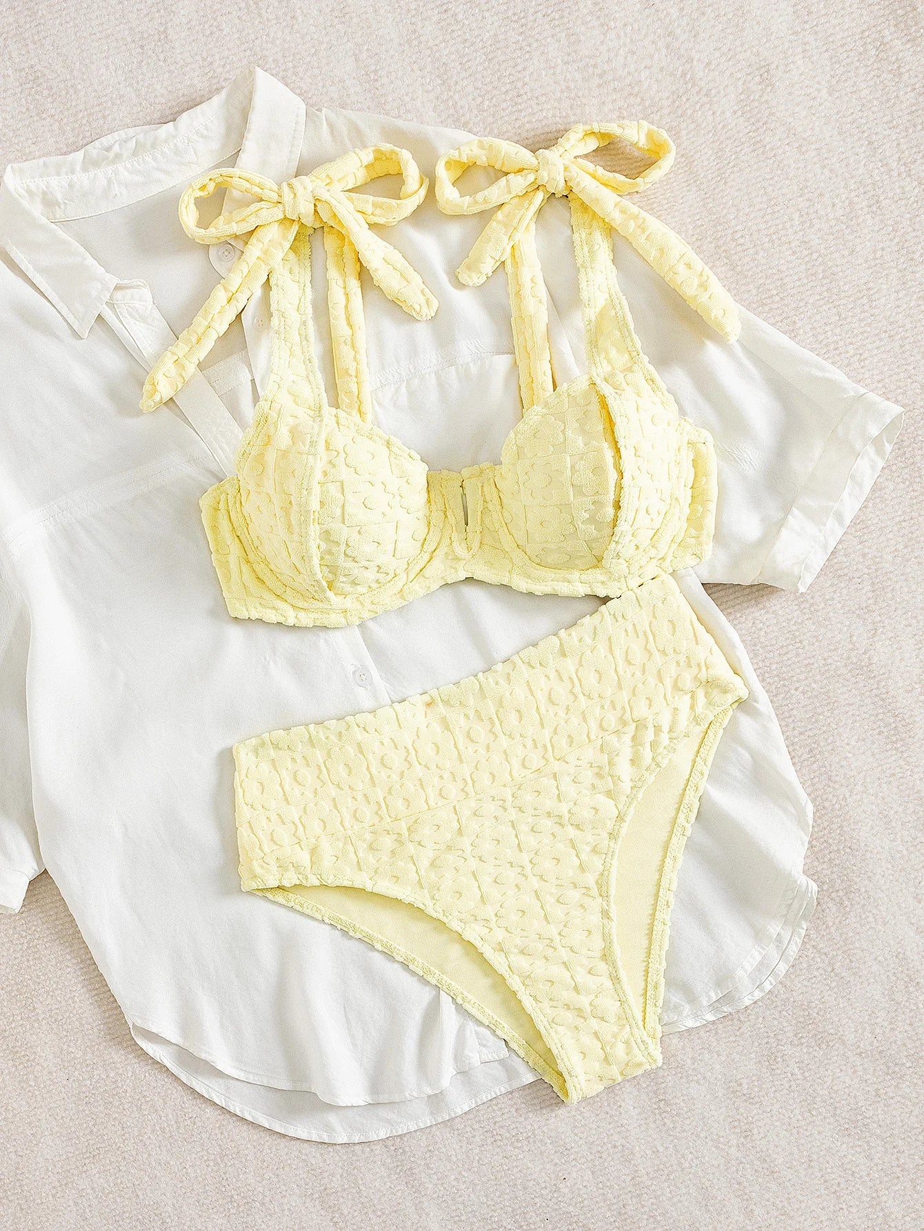 Sexy yellow bikini set 2026 women tie strap push up underwire high wiast swimsuit summer bathing suit two piece swimwear biquini