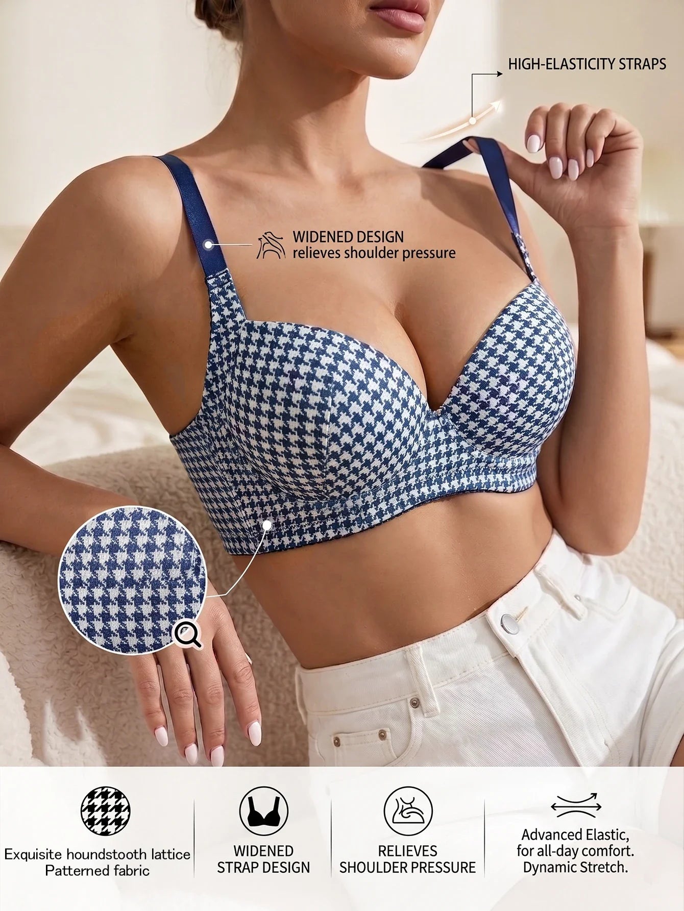 Women's Plaid Push-Up Bra Wide Straps Seamless Smoothing Underwear Underwire Side Support Adjustable Bra for Daily Wear