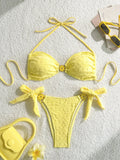 Sexy Yellow Bikini Set 2026 Women 3D Flower Pleate Push Up Bra Tie Side Thong Swimsuit Beach Holiday Bathing Suit Micro Swimwear
