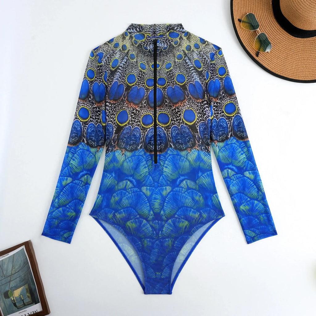 Vintage Sunscreen One Piece Swimsuit Skirt Set Women Peacock Print Long Sleeve Zipper Swimwear Beach Bathing Suit Monokini 2025