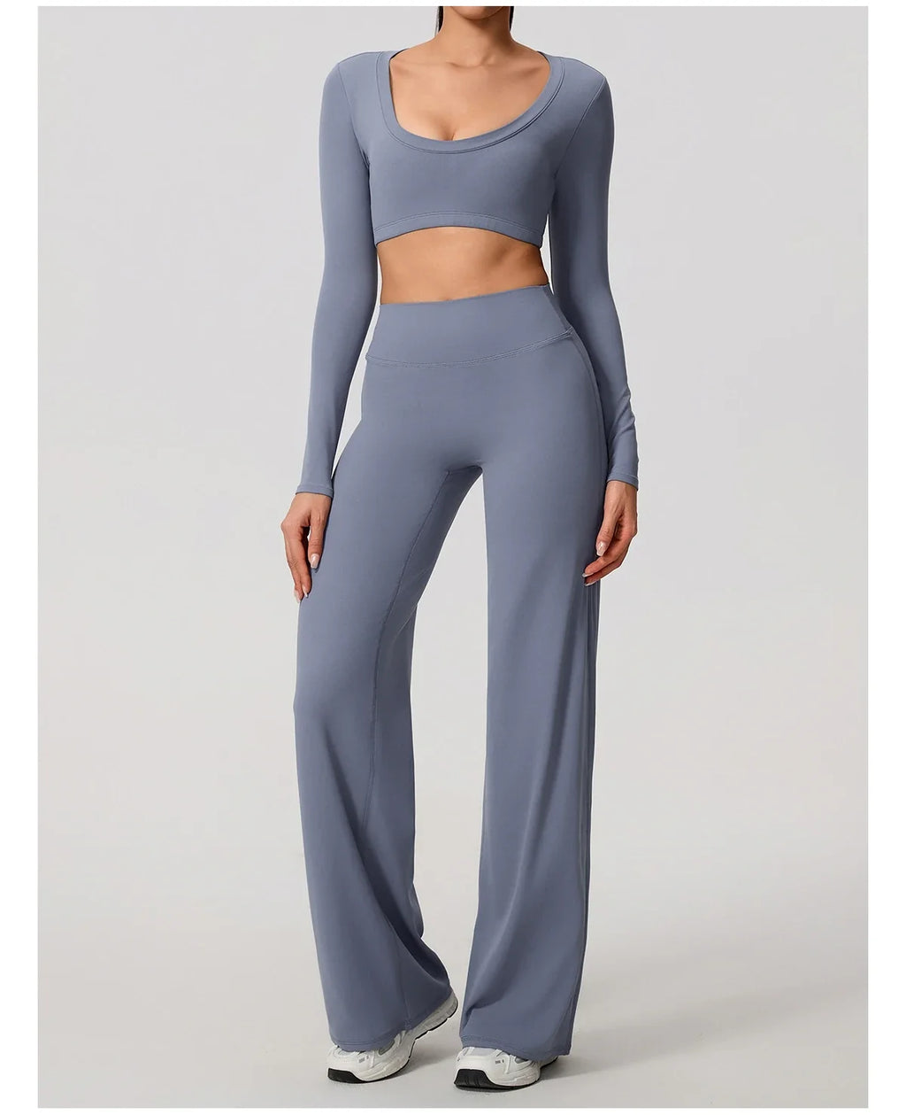 Hearuisavy Sports Set 2Pcs Women's  Long Sleeve Backless Fitted Fitness Top Push Up Pilates Yoga Top Wide Leg Straight Leg Pants