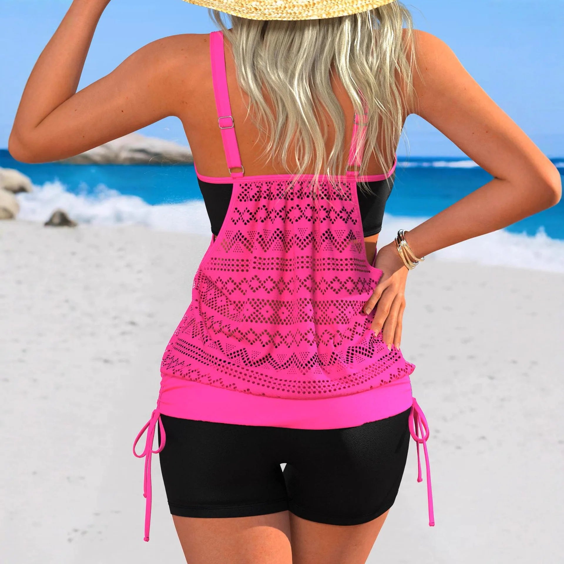 Hot Pink Patchwork Two Piece Swimsuit Women Drawstring Side Tank Top High Waist Short Tankini Beach Bathing Suit Swimwear 2026