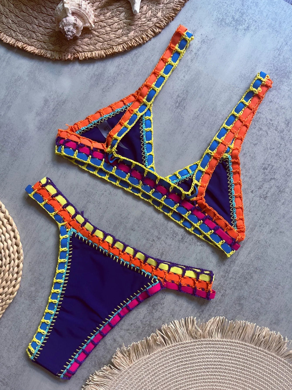 Sexy Black Patchwork Hand Crochet Bikini Set Women 2026 V Neck Push Up Bra Thong Swimsuit Beach Bathing Suit Knitted Swimwear