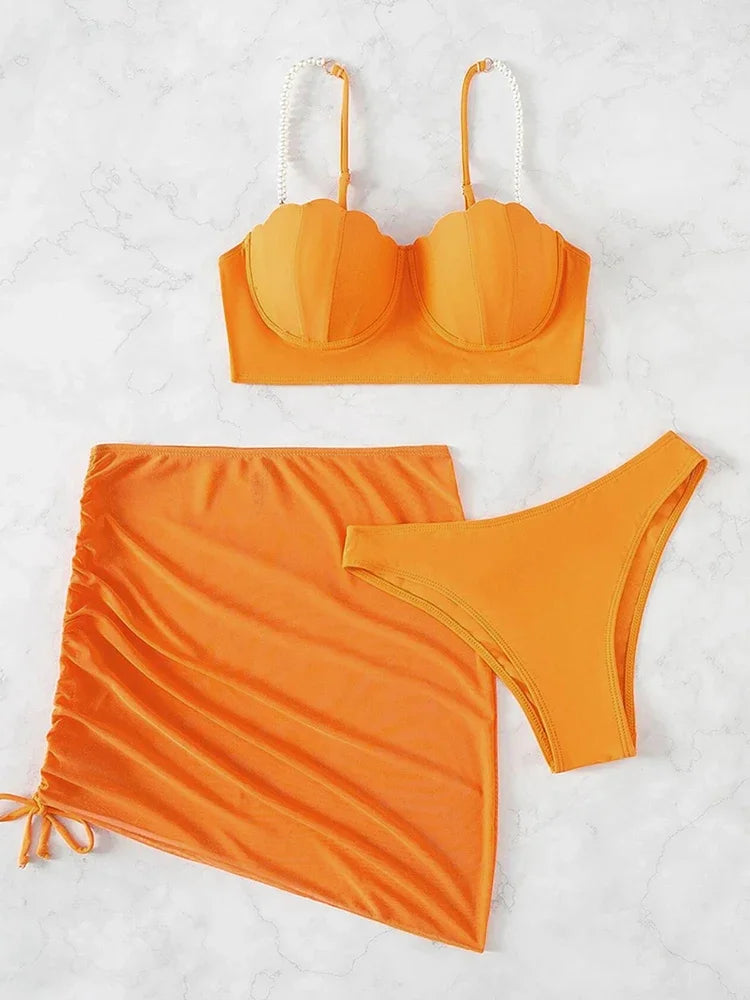 2024 New Sexy 3 Piece Bikinis Set Women Swimsuit with Skirt Swimwear Female Push Up Bikini Beachwear Faux Pearl Bathing Suit