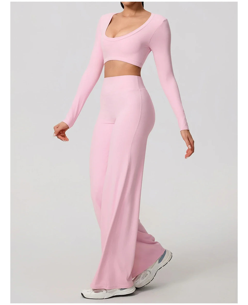 Hearuisavy Sports Set 2Pcs Women's  Long Sleeve Backless Fitted Fitness Top Push Up Pilates Yoga Top Wide Leg Straight Leg Pants