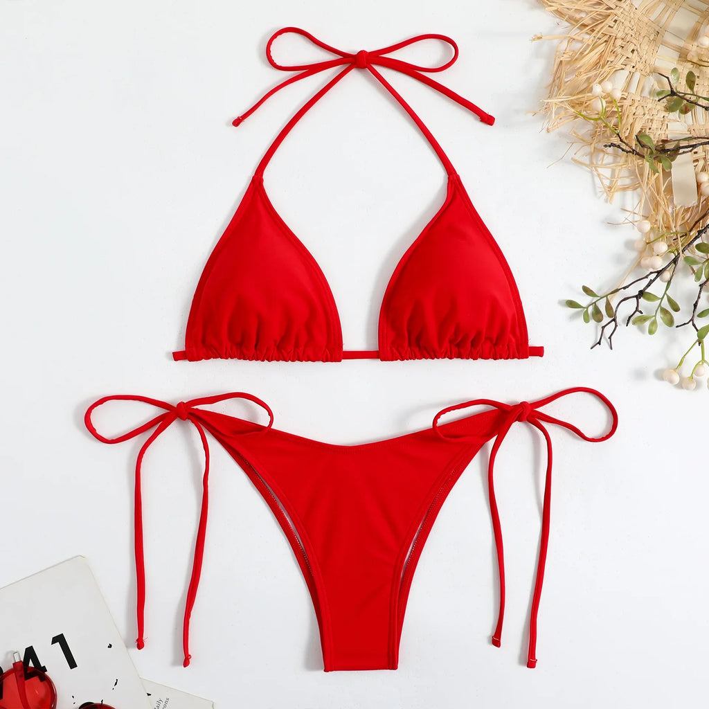 Sexy Brown Bikini 2026 Women Solid Red Halter Push Up Bra Tie Side Triangle Swimsuit Summer Bathing Suit Lace Up Micro Swimwear