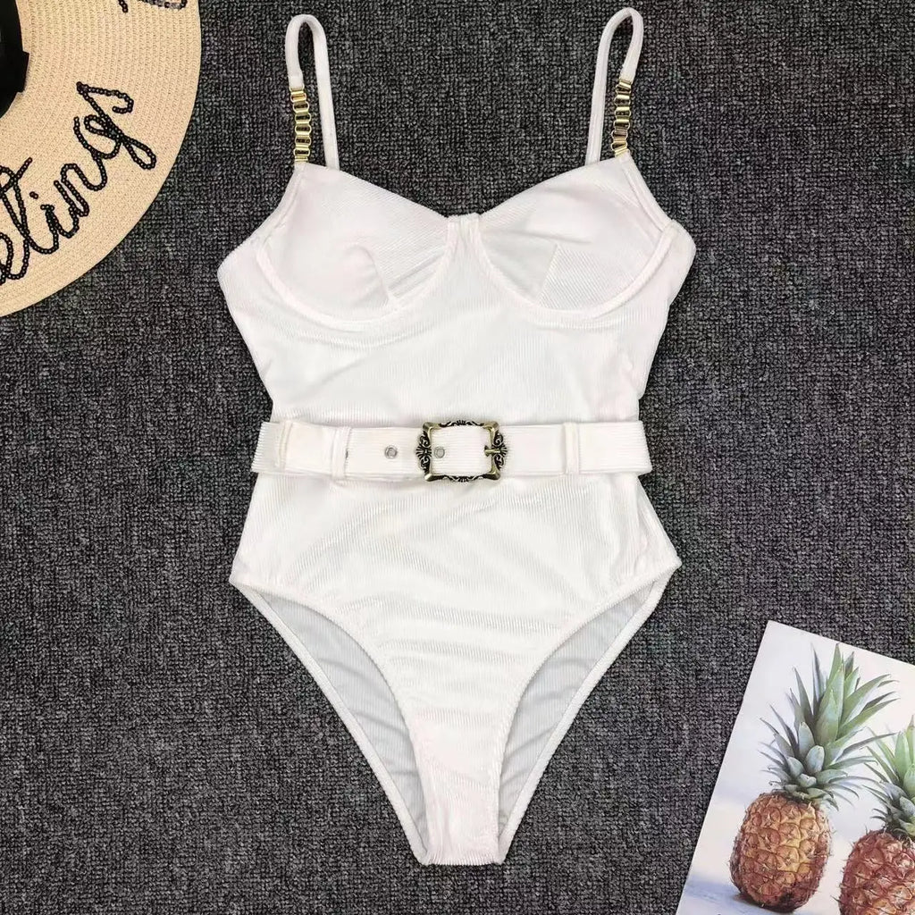 2024 New Sexy Velvet One-Piece Black Bikini Belt Swimsuit Women Solid Push Up Swimwear Female Brazilian Beach Bathing Suit