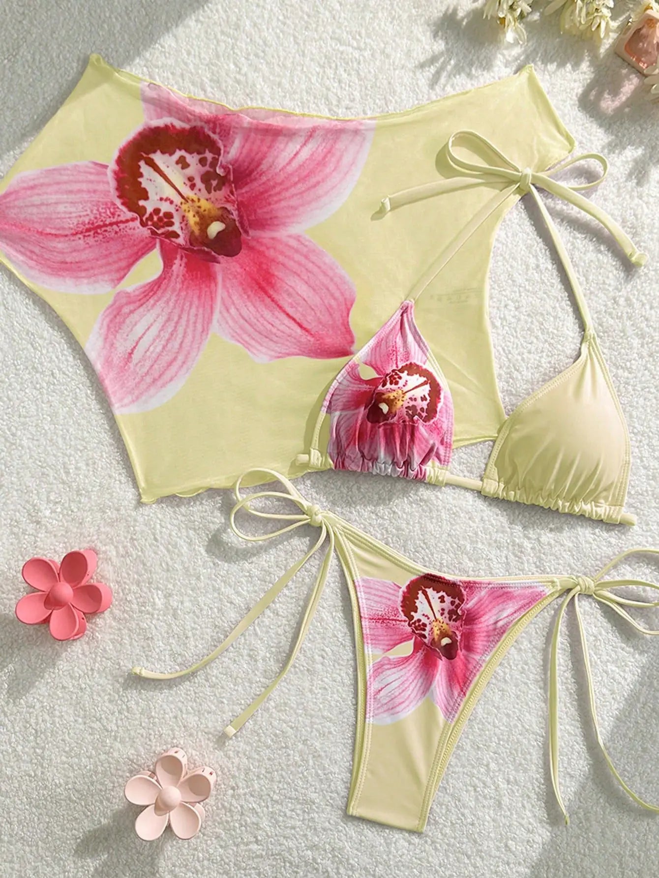 Sexy Pink Floral Print Short Sleeve Cover Up 3 Piece Bikini Set 2026 Women Push Up Thong Swimsuit Holiday Bathing Suit Swimwear