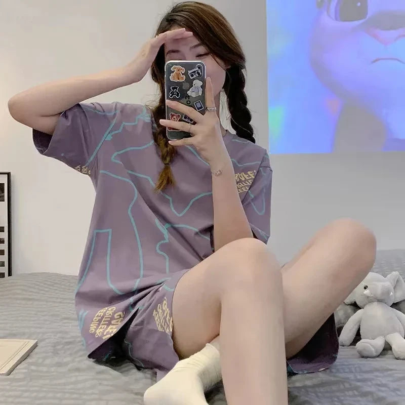 New Pajamas Female Summer Short-Sleeved Shorts Suit Korean Version of the Student Sweet Cute Cartoon Ms. Loose Homewear Suit