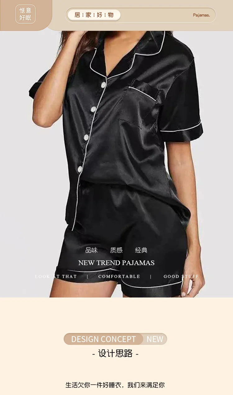 Sweet Simple Ice Silk Pajamas for Women  Thin Short-sleeved Home Clothes Suit Nightwear Women's Pajamas Set Nightie Summer
