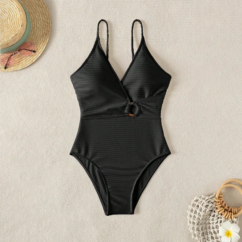 Sexy White Black Swimwear Women 2026 Deep V Neck Hollow Out Ring Linked Slim Fit One Piece Swimsuit Beach Bathing Suit Monokini