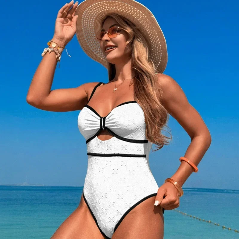 Sexy White Dot Print Print One Piece Swimsuit 2025 Women Hollow Hole Out Front Bow Push Up Beach Bathing Suit Holiday Swimwear