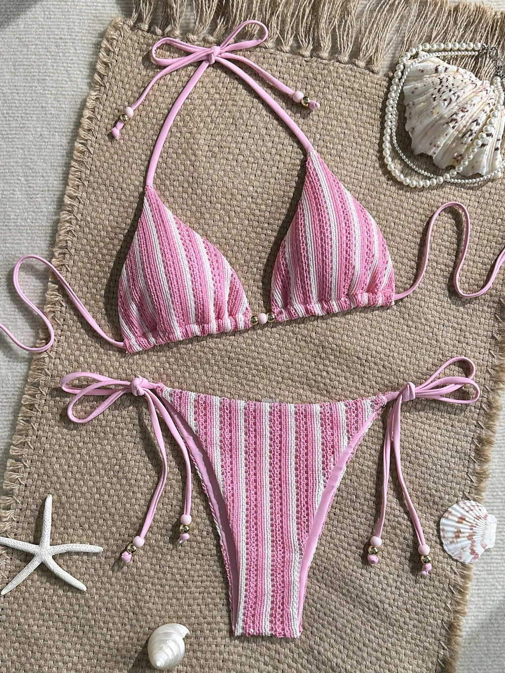 Sexy Pink Striped Micro Bikini Women 2026 Halter Push Up Bra Tie Side Thong Swimsuit Brazilian Beach Bathing Suit Swimwear