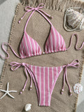 Sexy Pink Striped Micro Bikini Women 2026 Halter Push Up Bra Tie Side Thong Swimsuit Brazilian Beach Bathing Suit Swimwear