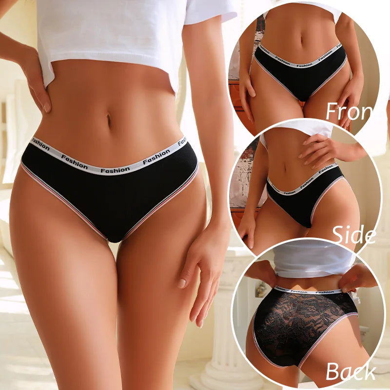 3Pcs/Set Women's Cotton Lace Panties V-Waist Sexy Sport Low Waist Briefs S-XL Comfortable Underwear Female Soft Color Underpants