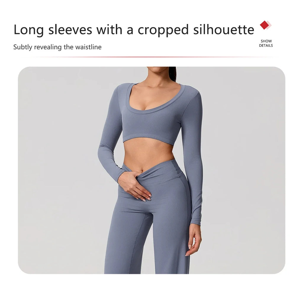 Hearuisavy Sports Set 2Pcs Women's  Long Sleeve Backless Fitted Fitness Top Push Up Pilates Yoga Top Wide Leg Straight Leg Pants