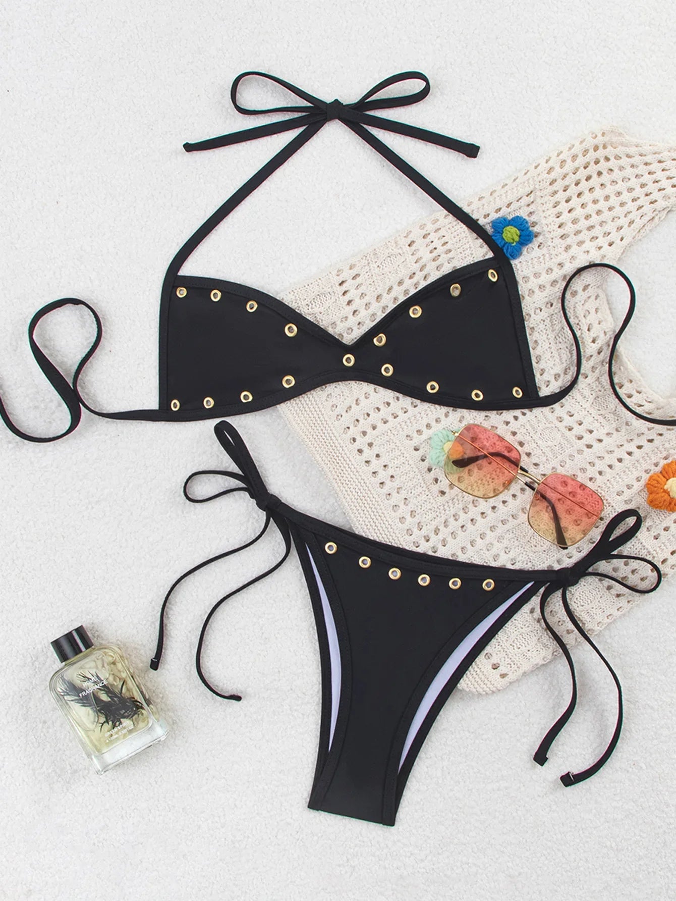Sexy Black Button Bikini Set 2026 Women Halter Pleate Push Up Bra Tie Side Thong Swimwear Beach Holiday Bathing Suit Swimsuit