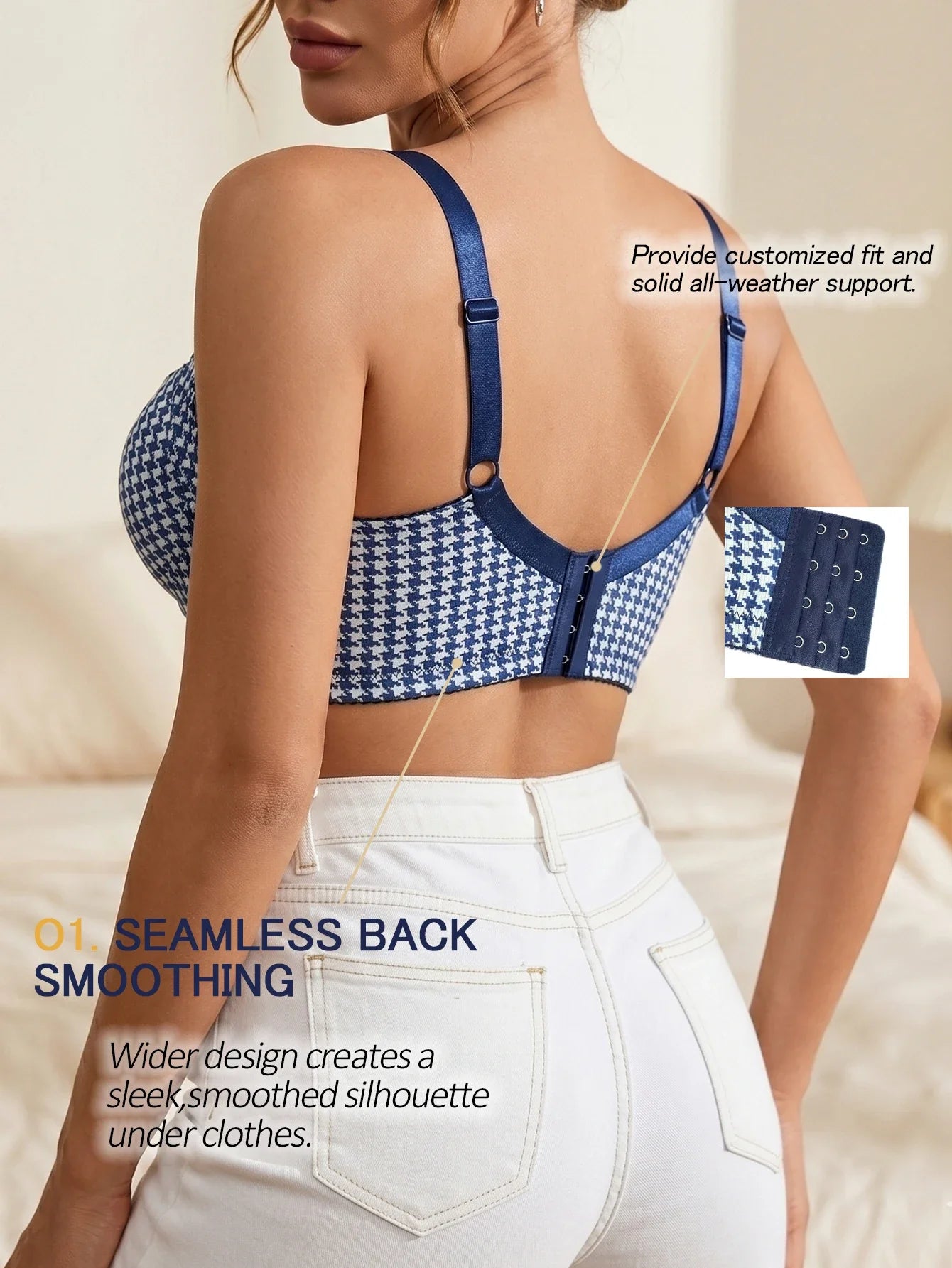 Women's Plaid Push-Up Bra Wide Straps Seamless Smoothing Underwear Underwire Side Support Adjustable Bra for Daily Wear