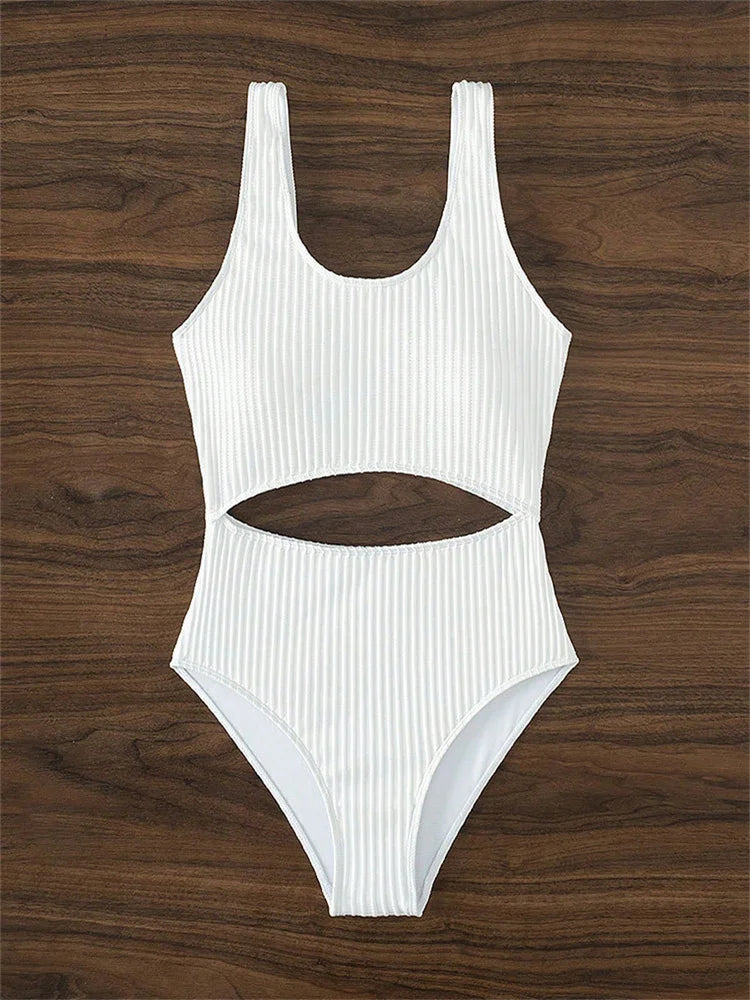 Sexy White One Piece Swimsuit Women New Hollow Out Swimwear 2024 Ribbed Bathing Suit Push Up Monokini Beach Swimming Suit Summer