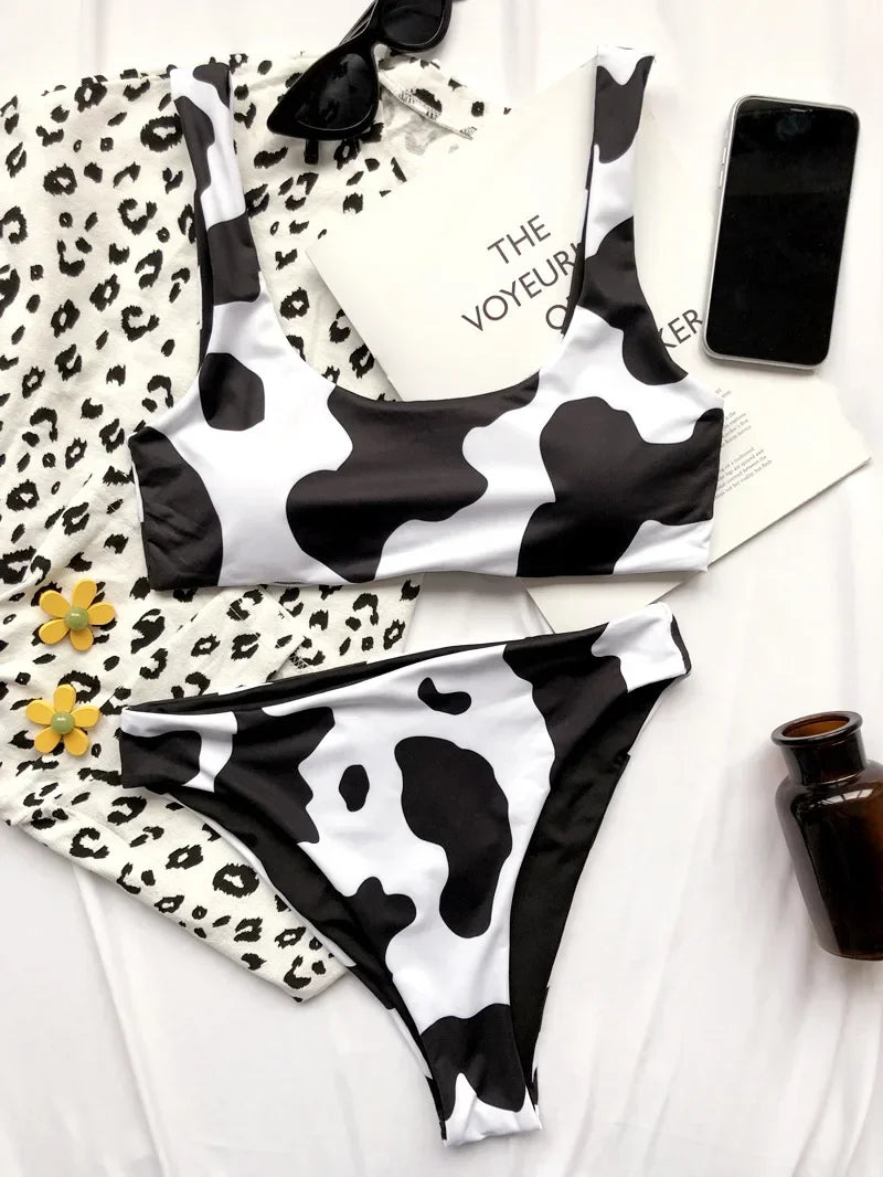 Sexy Cow Print Bikini Set 2025 Women Cut Out Push Up High Waist Swimsuit Brazilian Beach Bathing Suit Designer 2 Piece Swimwear