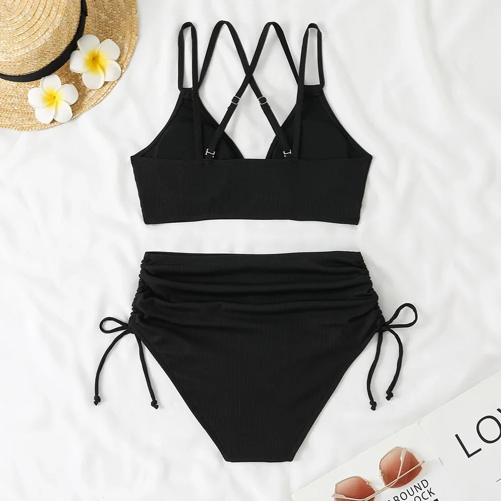 Women's Two Piece Swimsuit Black Double Strap Push Up Pleate Drawstring Side High Waist Bikini 2025 Beach Bathing Suit Swimwear