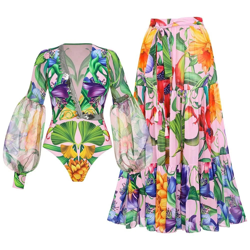 Vintage Green Floral Print Swimsuit Long Skirt Set Women Sexy Mesh Long Sleeve V Neck Tummy Control Holiday One Piece Swimsuit
