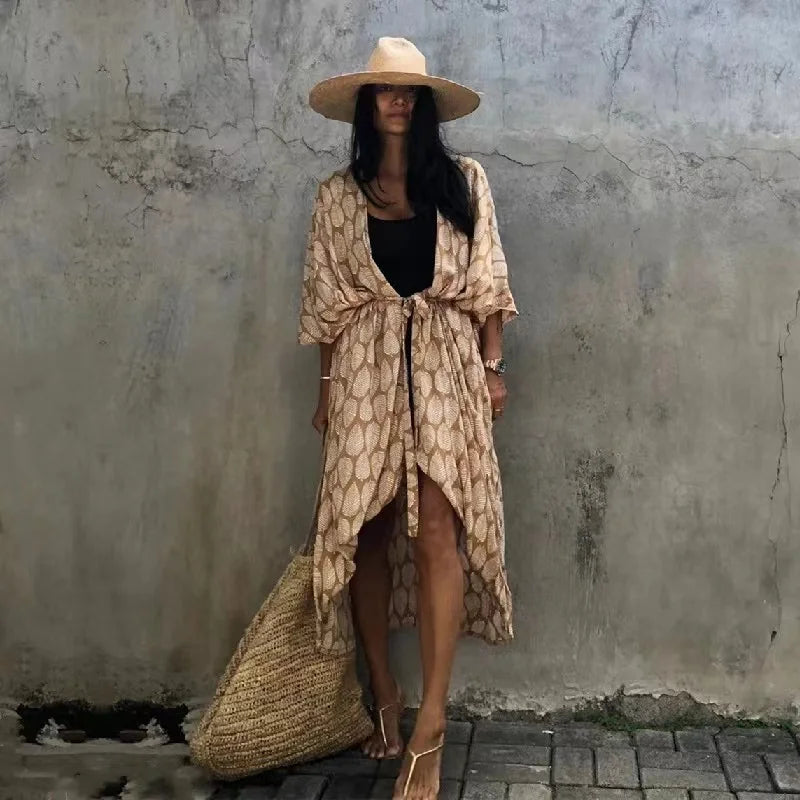 2024 New Summer Sexy Beach Kimono Swimwear Cotton Cover Up Swimsuit Women Print Bikini Cover Up Beachwear Dress Robe
