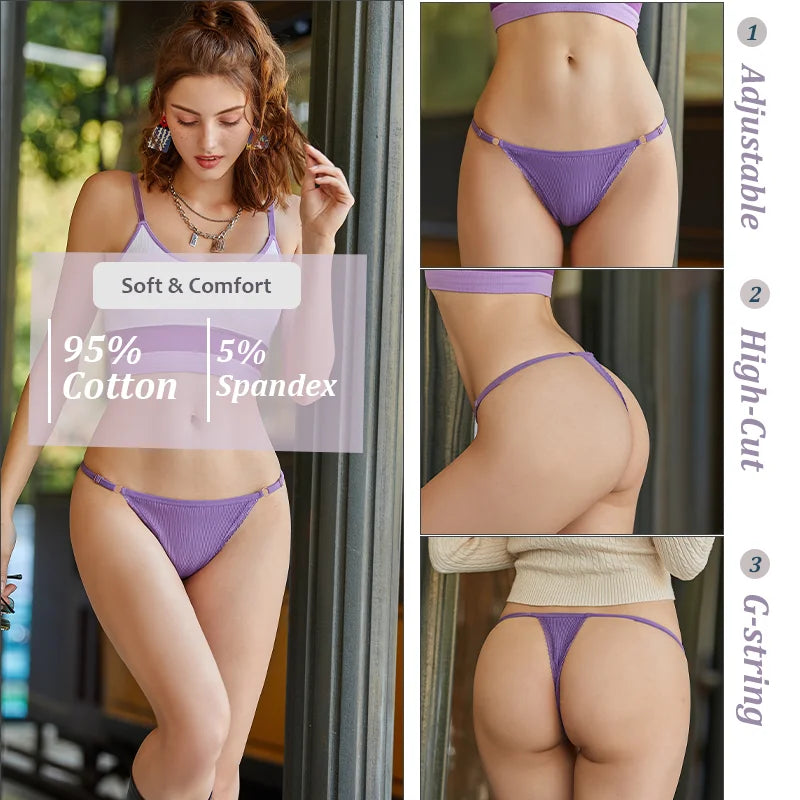 3Pcs/Set Cotton G-String Sexy Women Thong Adjustable Belt Seamless Panties Breathable Low Waist Lingerie Female Soft Solid Color