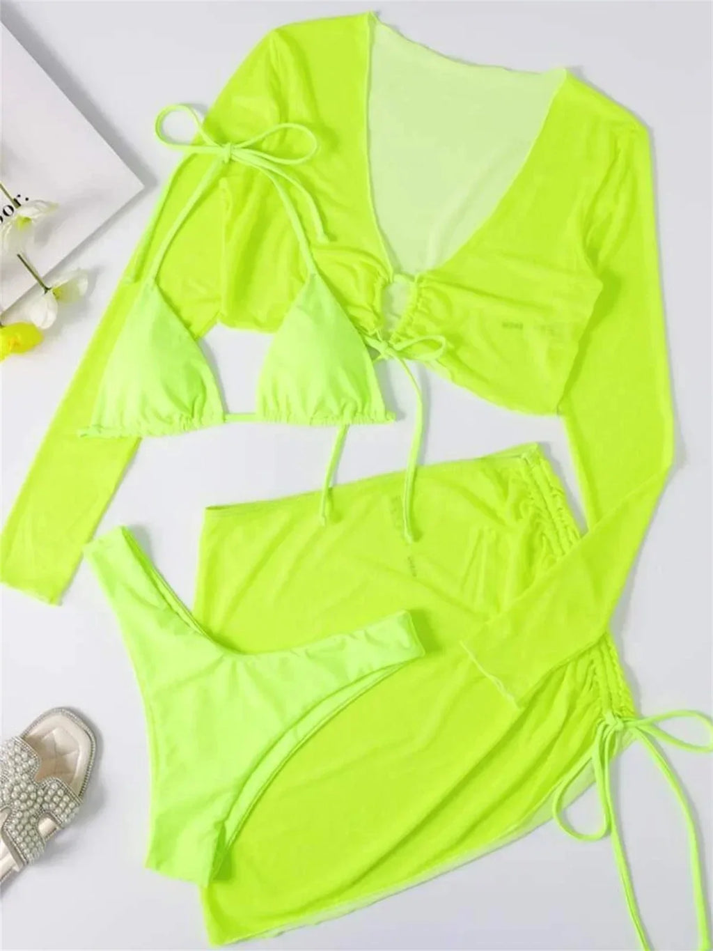 Sexy Neon Green Long Sleeve 4 Piece Bikinis Set Women Mesh Cover-ups Pleate Skirt Swimsuit See Through Bathing Suit Swimwear