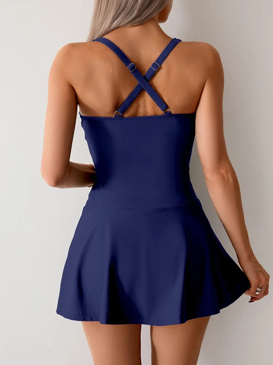 Solid Black Pleated Bikinis One Piece Swimsuit Women Large Size Swimwear Halter Pleate Slim Tummy Control Skirt Monokini 2026