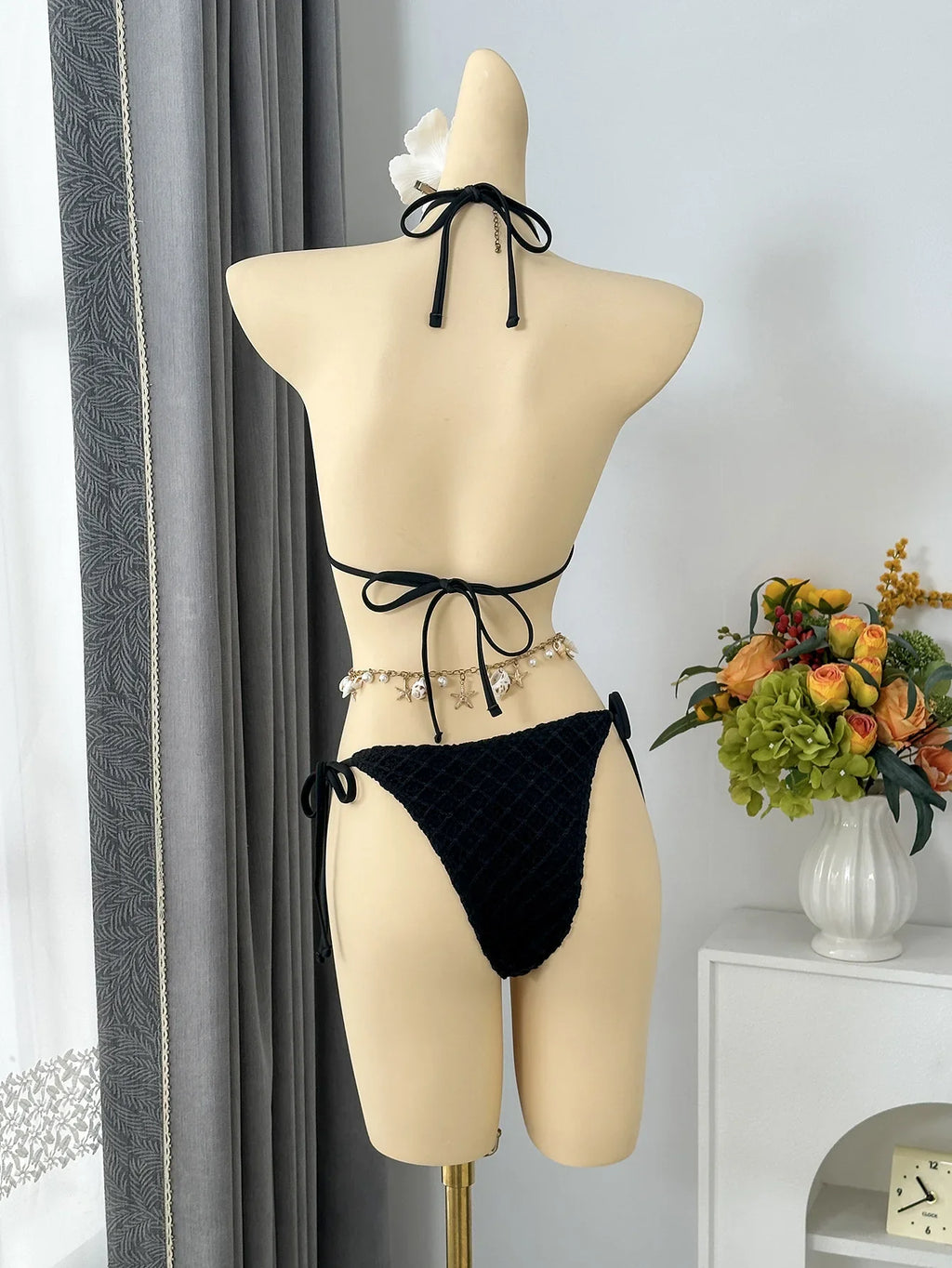Vintage Beige Black Mesh Skirt 3 Piece Bikini Set 2026 Women Metal Chain Strap Push Up Bra Swimsuit Beach Bathing Suit Swimwear