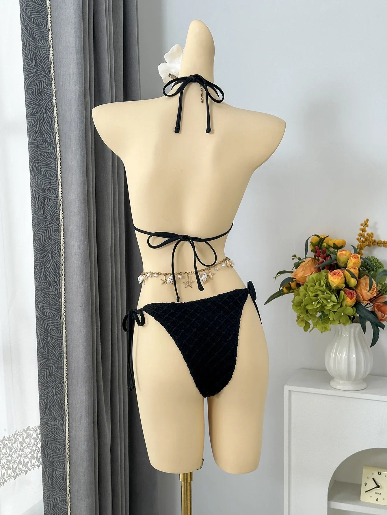 Vintage Beige Black Mesh Skirt 3 Piece Bikini Set 2026 Women Metal Chain Strap Push Up Bra Swimsuit Beach Bathing Suit Swimwear