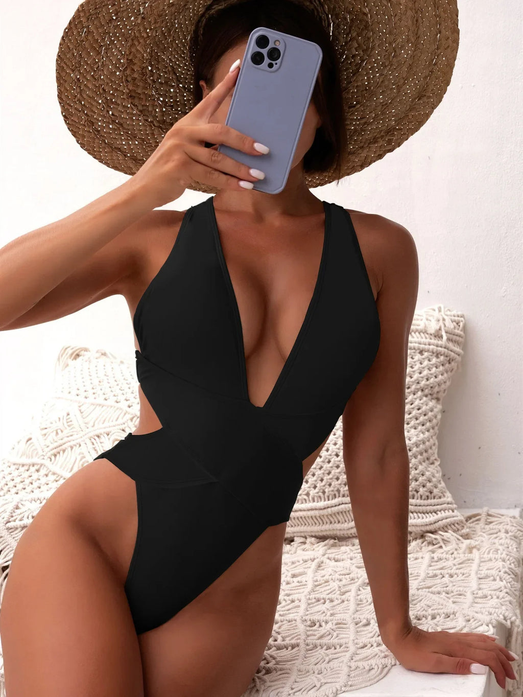 Deep V Neck One Piece Swimsuit Women Solid Red Black Criss Cross Backless Pleate Thong Bikini 2026 Beach Bathing Suit Swimwear
