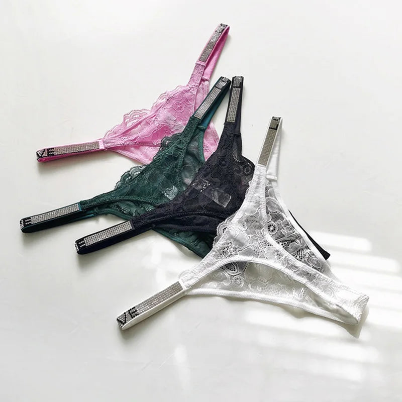 Rhinestone Lace Letter Sexy G String Women Panties Seamless Girls Underwear Transparent Thong For Female Low Rise Ladies Briefs