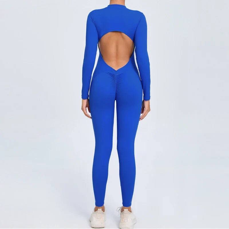 Hearuisavy Summer V Back Sports Jumpsuit Yoga Clothes Rompers Women Long Sleeveles Workout Bodysuits Backless One-piece Suit