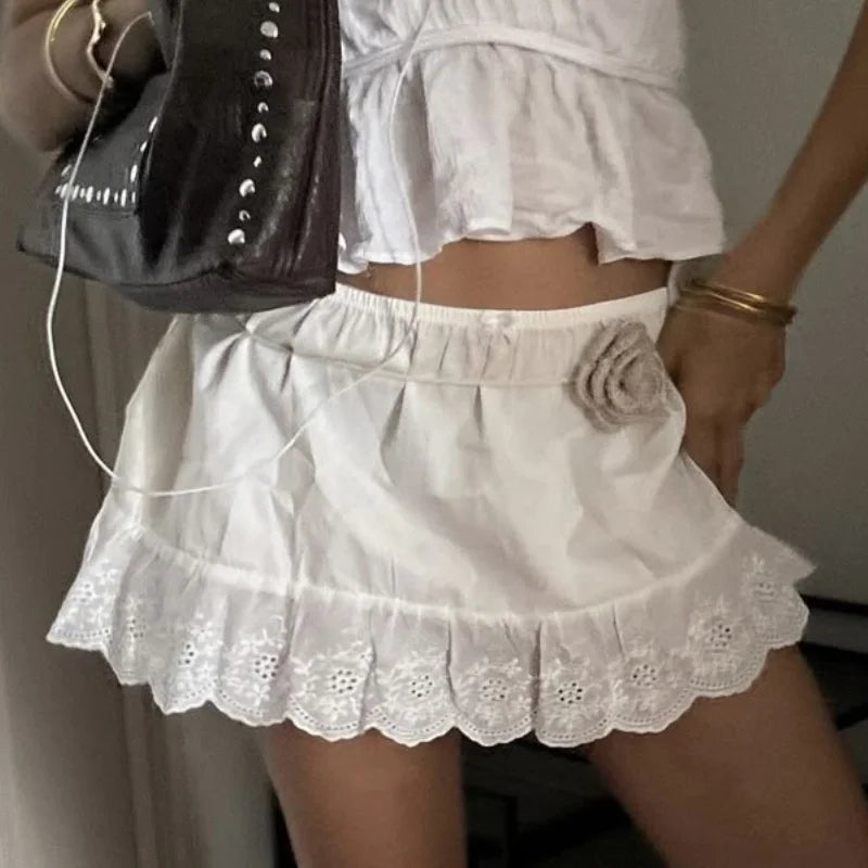 Cute Y2K Goth Summer Mini Skirts Women Lace Lolita Short Skirts White Floral Eyelet Hem Skirt Club Party Female A-line Skirts