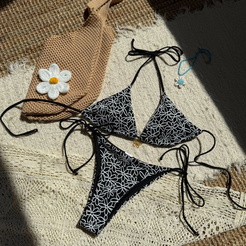 Sexy Pink Mesh Flower Bikini Set Women Halter Push Up Bra Bandage Triangle Swimsuit 2025 Summer Bathing Suit Vacation Swimwear