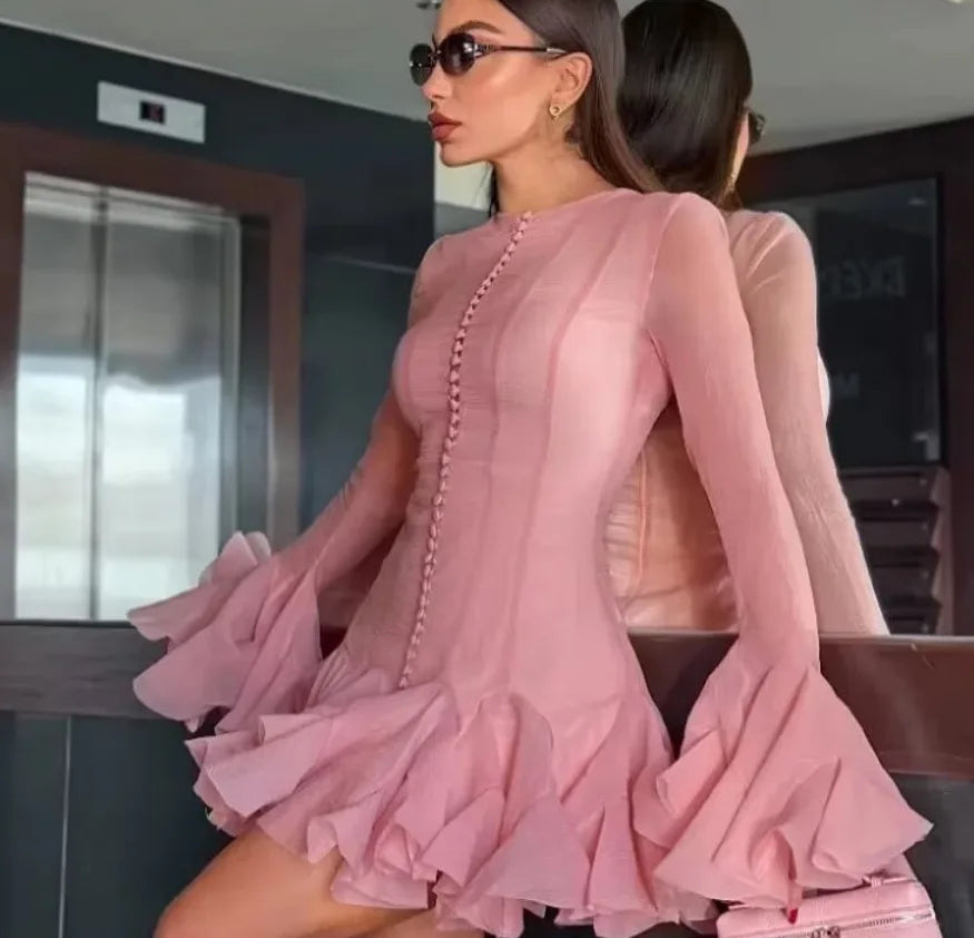 Women's Fashion Ruffled Hem Patchwork Short Dress Blush Pink Ruffled Mini Dress For Women Sleeves Front Button Hem Fashion T0PU