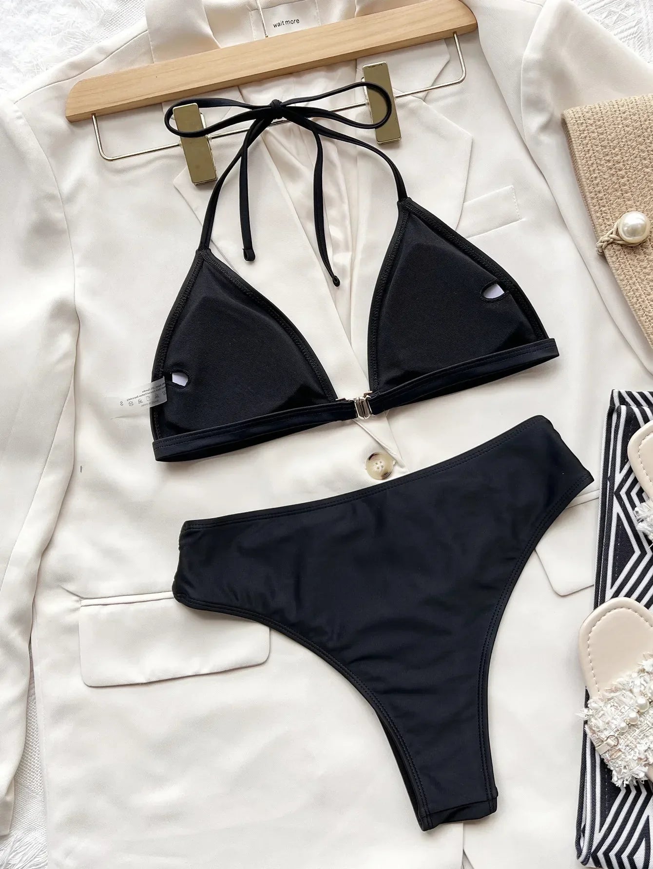 Sexy Hollow Out High Waist Bikini Set 2026 Women Black Rhinestones Buckle Push Up Swimsuit Brazilian Beach Bathing Suit Swimwear