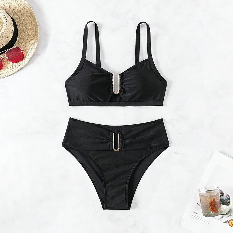 Solid Color High Waist Two Piece Swimsuit for Women U-neck Suspender Backless Bikini Set Beach Vacation Bathing Suit 2025 New