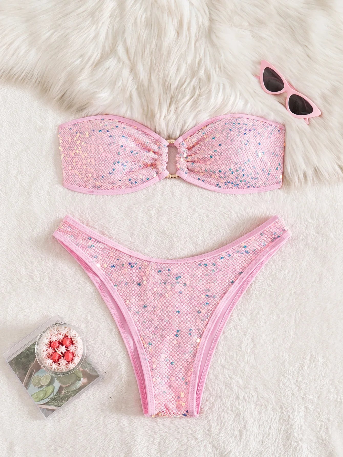 Sexy Bandeau Bikini 2026 Women Shiny Sequin Front Ring Push Up Micro Swimsuit Summer Pink Bathing Suit Thong Swimwear Biquini