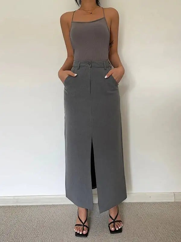 WOMENGAGA Retro High Waist Half Skirt Girl Bifurcate Slim A-LINE Gray Skirts Fashion American Spicy Girls 2023 New 5P2F
