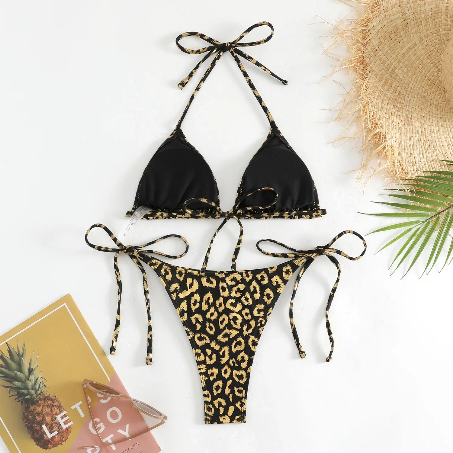 Sexy Orange Leopard Print Bikini Set 2024 Women Halter Push Up Bra Tie Side Thong Swimsuit Summer Backless Bathing Suit Swimwear