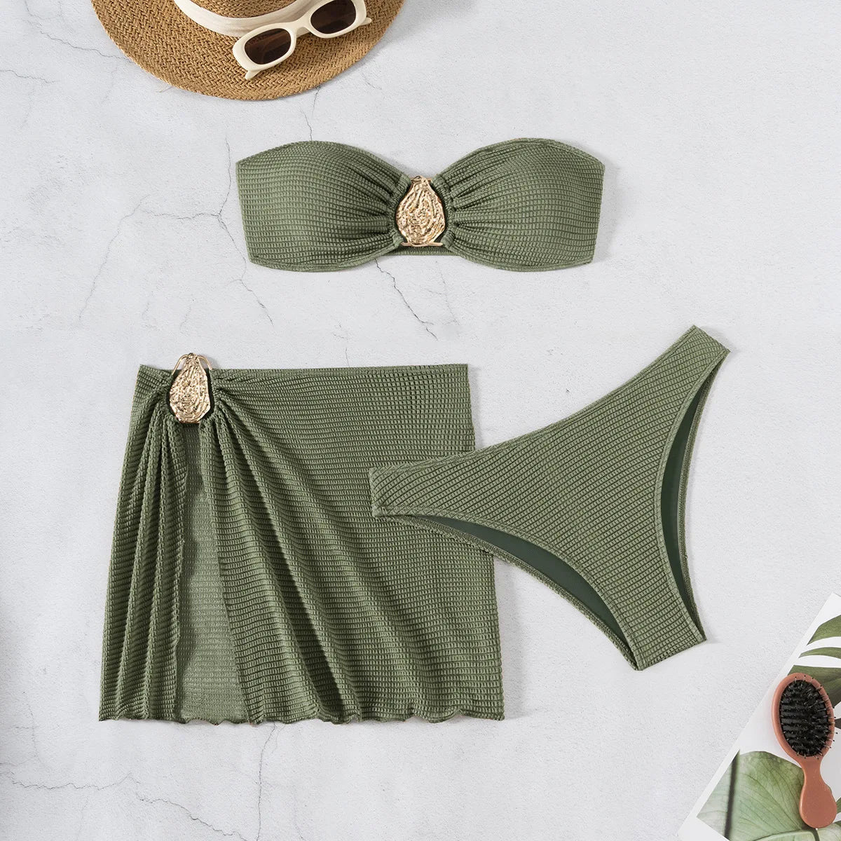 2026 New Sexy Bandeau Bikini Women Metal Water Droplet Ornament Push Up Mesh Skirt 3 Piece Swimsuit Beach Bathing Suit Swimwear