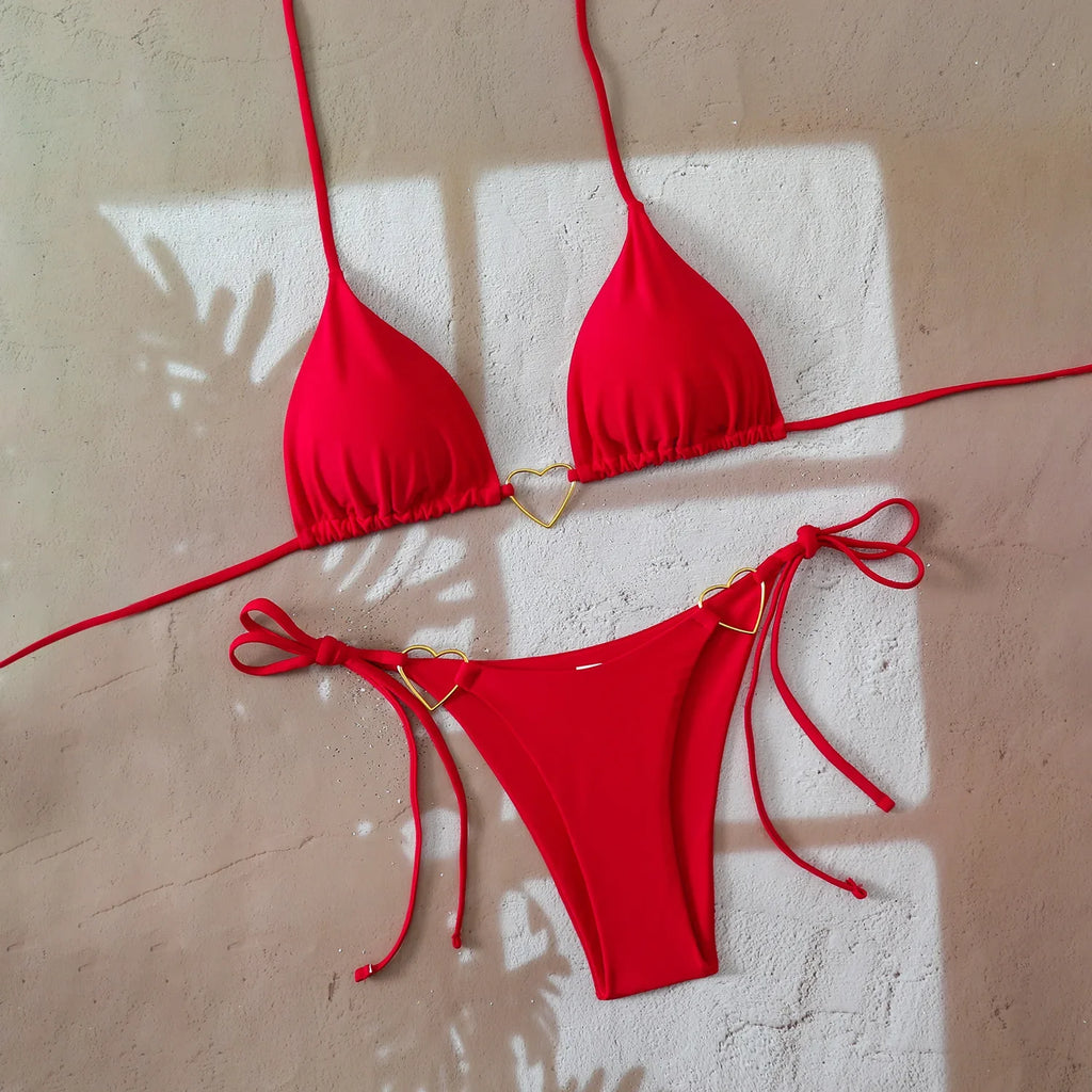 Sexy Metal Heart Ornament Bikini Set 2026 Women Blue Pink Halter Push Up Bra Thong Swimsuit Beach Bathing Suit Vacation Swimwear