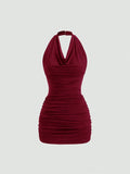 Women's Elegant Drape V-Neck Back-Tie Open Back Sleeveless Slim Fit Mini Dress Casual Halter-Neck Pleating Decorate Dress 2026