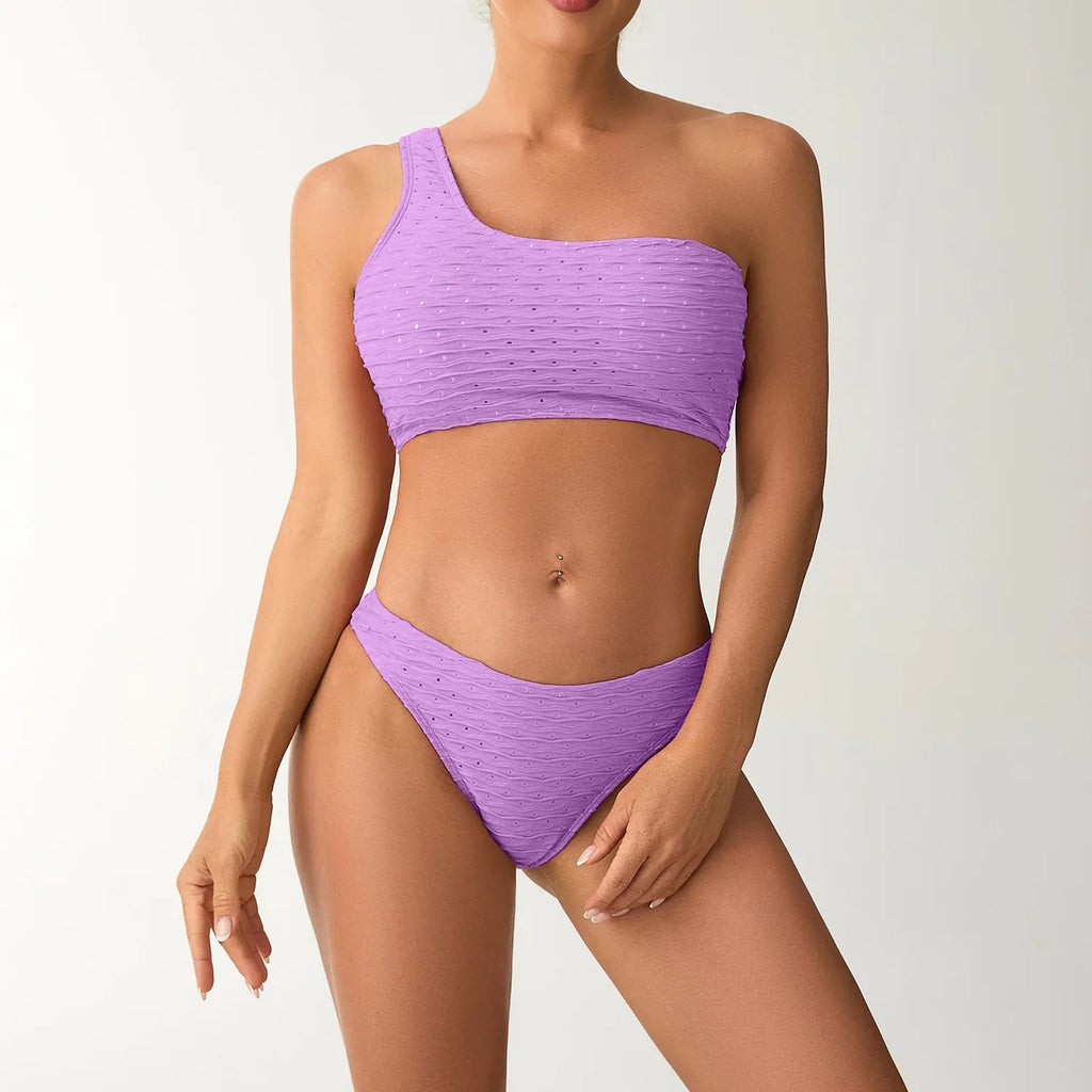 2026 New Style Breathable Quick Dry Solid Color Single Shoulder Bikini Sexy Swimsuit Women's High Elasticity Thickened Backless