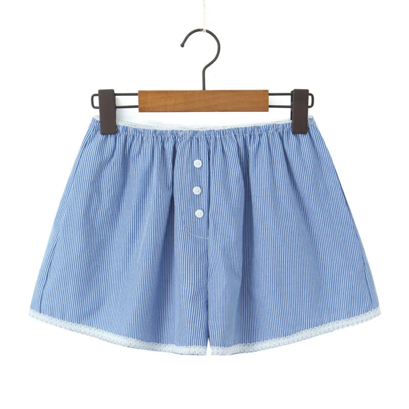 New French Style Lazy Loose Home Casual Button Lace Stripe Shorts For Woman Casual Elegant Fashion Style Pure Desire Casual QRCF