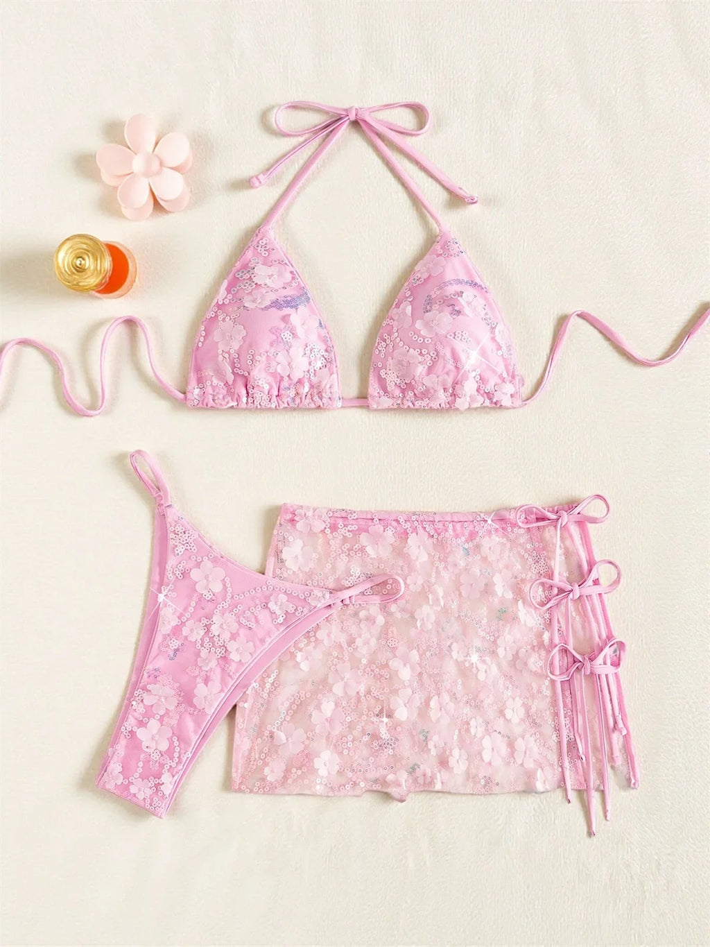 Shiny Sequin Pink Mesh Skirt 3 Piece Bikini Set Women Push Up Bra Thong Swimsuit Brazilian Beach Bathing Suit Holiday Swimwear